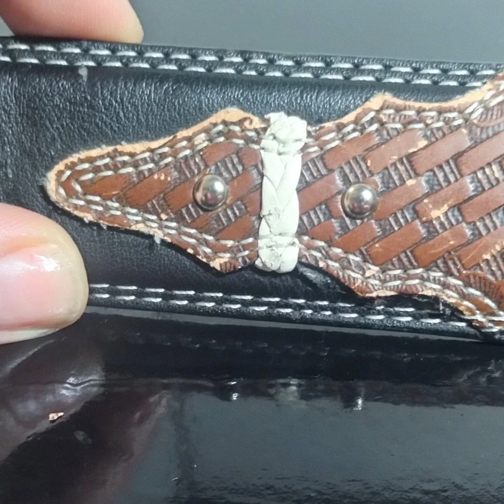 Western Tooled Leather Belt Black Brown Basket Weave Silver Buckle 40 2361P